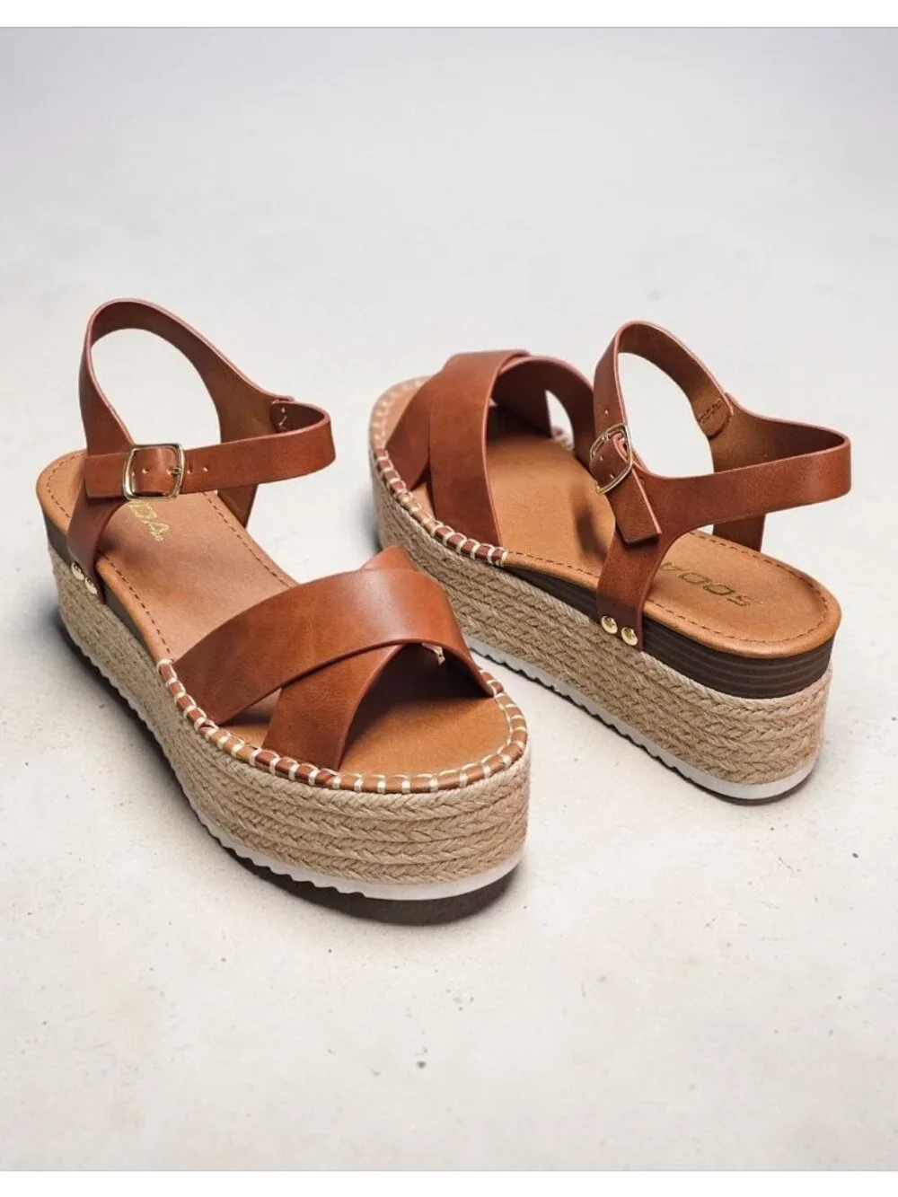 Tan Platform Espadrille Sandals With Buckle Strap Crisscross Upper & White Sole